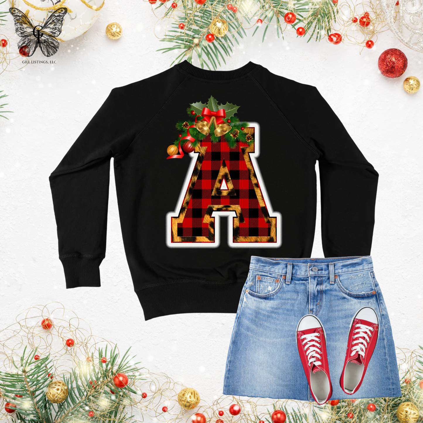 Christmas Checker Leopard Print Initial Monogrammed Sweatshirt / T-shirt