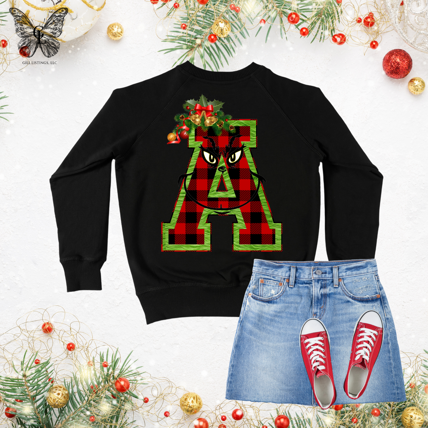 Christmas Grinch Checker Print Initial Monogrammed Sweatshirt / T-shirt