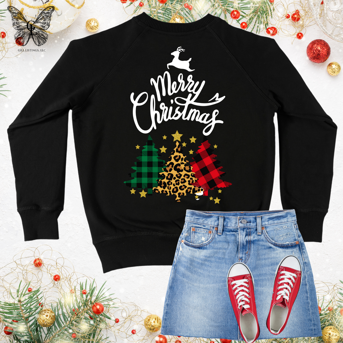 Merry Christmas Leopard Print Initial Sweatshirt / T-shirt