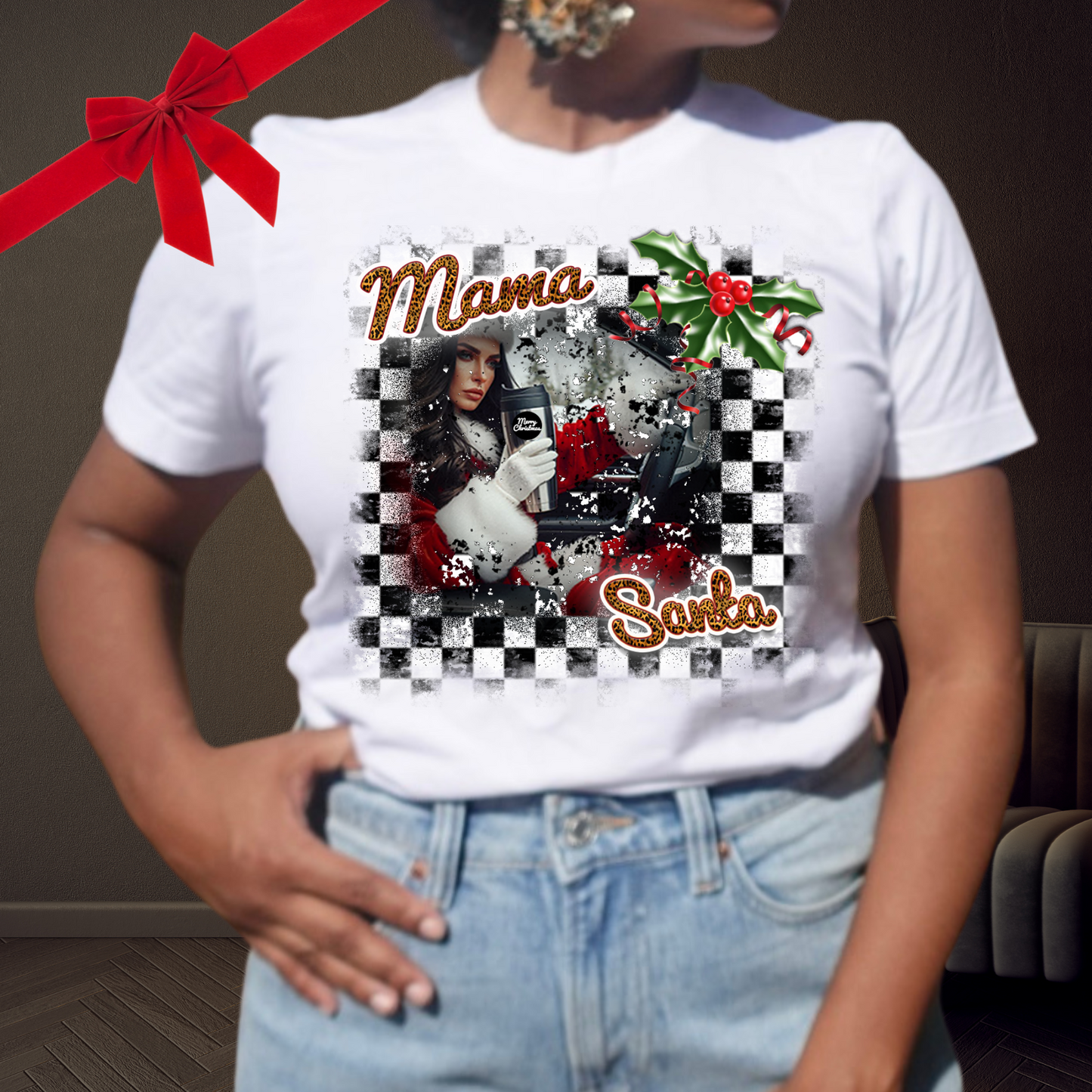 Mama Santa Checker Christmas Print Initial Monogrammed Sweatshirt / T-shirt