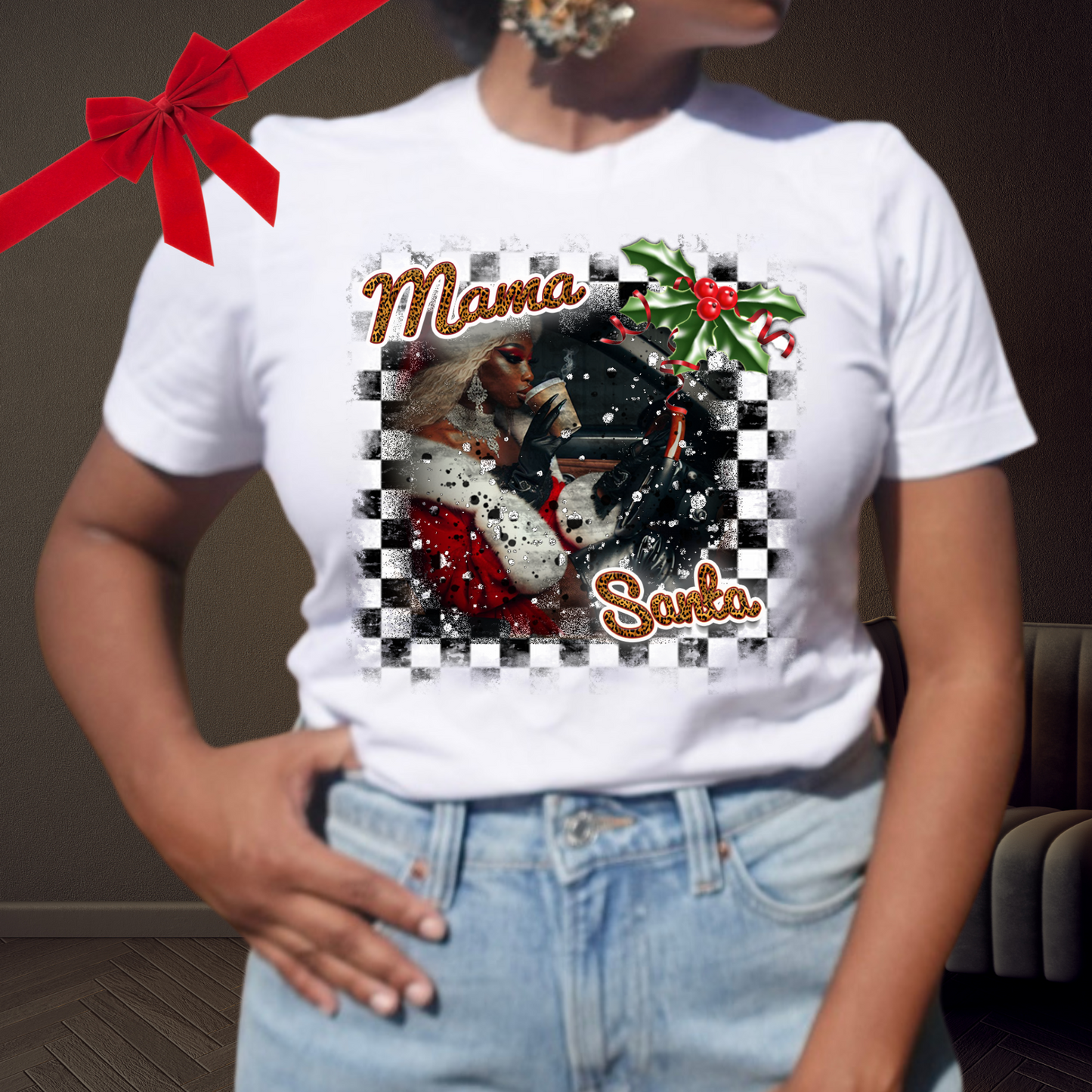 Mama Santa Checker Christmas Print Initial Monogrammed Sweatshirt / T-shirt