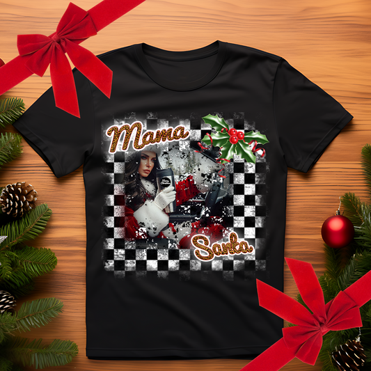 Mama Santa Checker Christmas Print Initial Monogrammed Sweatshirt / T-shirt