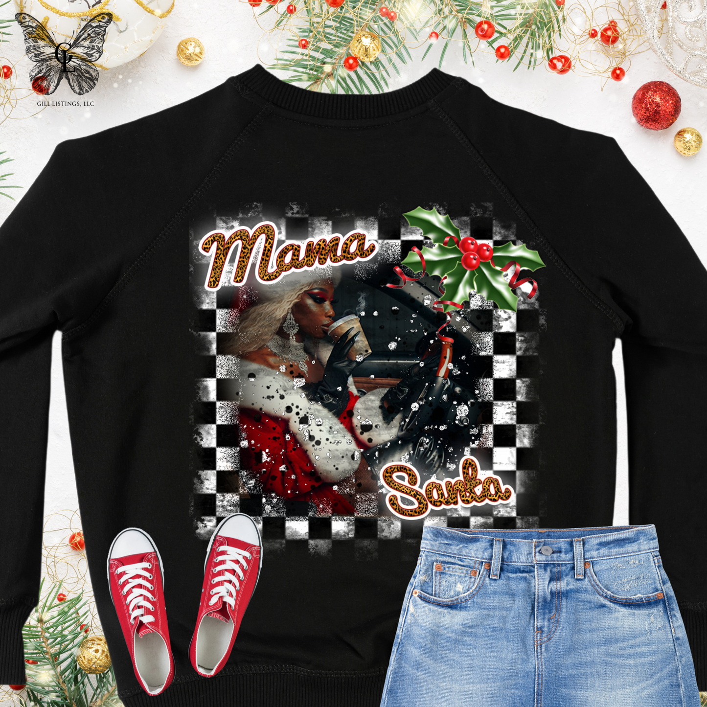 Mama Santa Checker Christmas Print Initial Monogrammed Sweatshirt / T-shirt
