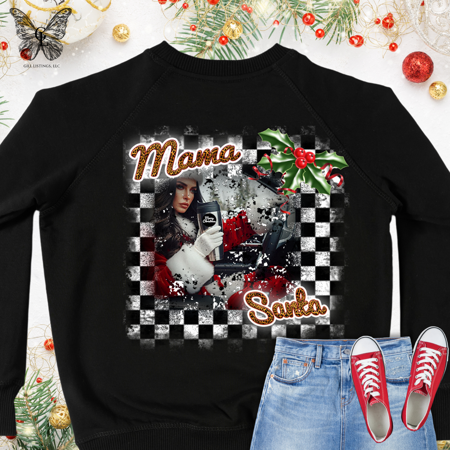 Mama Santa Checker Christmas Print Initial Monogrammed Sweatshirt / T-shirt
