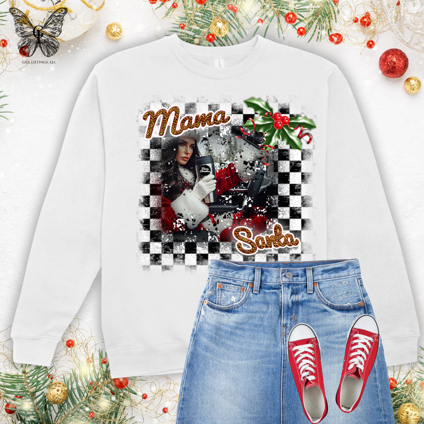 Mama Santa Checker Christmas Print Initial Monogrammed Sweatshirt / T-shirt