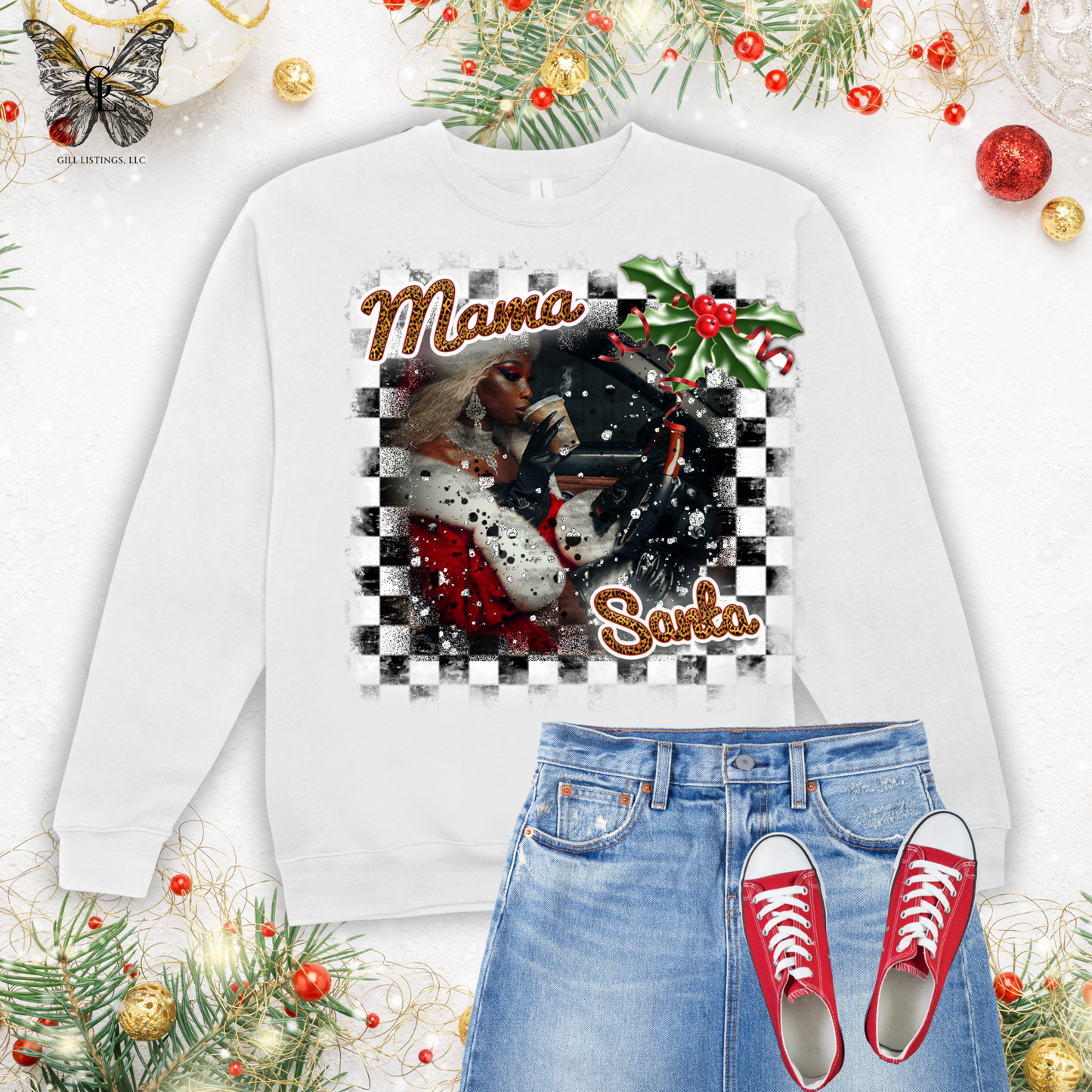 Mama Santa Checker Christmas Print Initial Monogrammed Sweatshirt / T-shirt